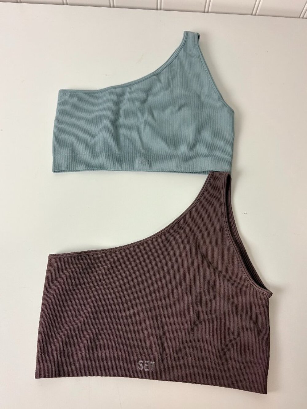Set of 2 SET ACTIVE One Shoulder Ribbed Sports Bras Women's Sz L